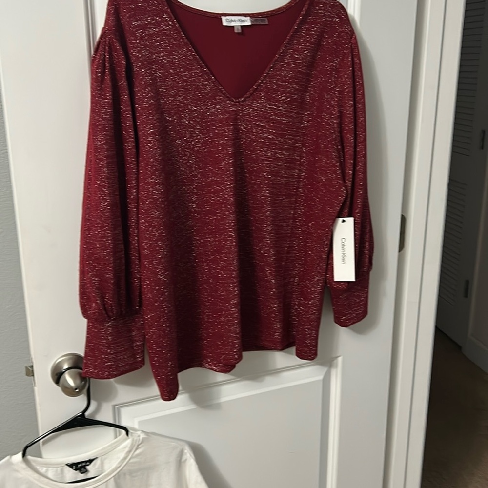 Calvin Klein Red Relaxed Blouse with Scoop Neckline